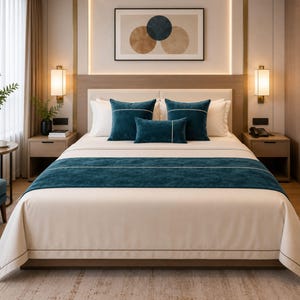 May include: A bed featuring a cream-colored duvet cover and a matching bed runner in a deep teal velvet texture. The bedding set includes two square teal throw pillows and one rectangular teal lumbar pillow, all accented with thin white piping.