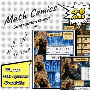 Könnte beinhalten: Math Comics Subtraction Quest Lernheft für Kinder von 4-6 Jahren. Enthält 20 Seiten, über 228 Gleichungen und über 47 Aktivitäten. Mit illustrierten Seiten, Charakteren sowie den Themen Ice Castle und Storm Harbor für Matheaufgaben.
