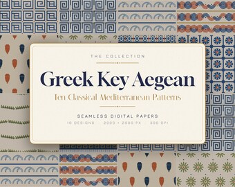 Patrones de clave griega: 10 mosaicos mediterráneos sin costuras con diseño de meandro (descarga digital)