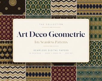Paquete de papeles digitales geométricos Art Déco, patrones sin costuras en dorado y azul marino (descarga digital)
