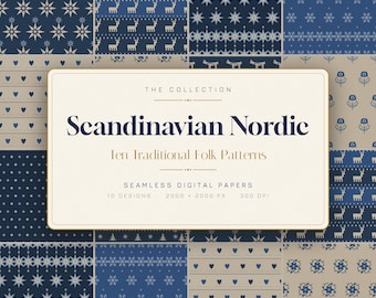 Diseños folclóricos escandinavos: 10 mosaicos nórdicos Fair Isle sin costuras (descarga digital)
