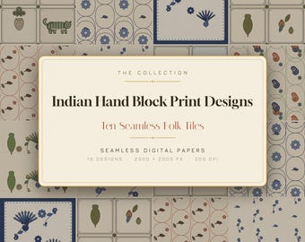 Diseños de estampados indios hechos a mano con bloques: 10 azulejos folclóricos sin costuras (descarga digital)