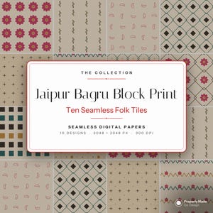May include: A digital collection of ten seamless patterns featuring Jaipur Bagru block print designs. The image displays various motifs including red flowers, geometric diamonds, crosses, and abstract shapes on a beige background with text.