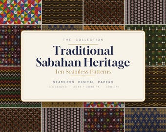 Traditionella Sabahan-arvsmönster – 10 sömlösa Kadazan Dusun Borneo-plattor (digital nedladdning)