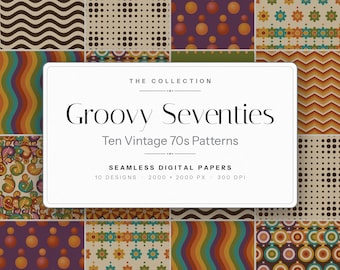 Diseños vintage de los años 70: 10 azulejos retro psicodélicos sin costuras (descarga digital)