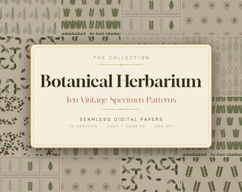 Diseños de herbario botánico: 10 mosaicos de hojas prensadas sin costuras (descarga digital)