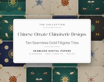 Papel digital con motivos chinos ornamentados: patrones de filigrana dorada sin costuras (SVG PNG)