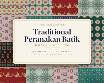 Traditionella Peranakan Batik-mönster – 10 sömlösa Nyonya Straits-plattor (digital nedladdning)