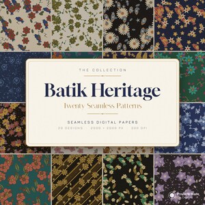 May include: A digital collection of twenty seamless batik patterns featuring floral and bird motifs in various color palettes including navy, green, black, and red. The central text reads: The Collection Batik Heritage Twenty Seamless Patterns.
