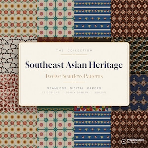 Könnte beinhalten: Eine digitale Sammlung mit dem Titel Southeast Asian Heritage mit zwölf nahtlosen Mustern. Das Bild zeigt verschiedene geometrische, florale und gestreifte Designs in Blau, Rot, Braun und Creme. Der Text umfasst "The Collection", "Southeast Asian Heritage", "Twelve Seamless Patterns", "Seamless Digital Papers", "12 Designs", "2048 x 2048 px" und "300 DPI".