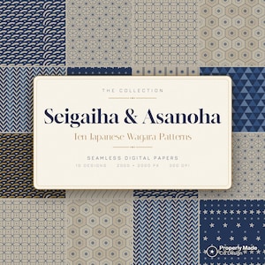 May include: A collection of ten seamless digital papers featuring Japanese Wagara patterns in blue, beige, and white. The central label displays the text: THE COLLECTION Seigaiha & Asanoha Ten Japanese Wagara Patterns SEAMLESS DIGITAL PAPERS 10 DESIGNS 2000 x 2000 PX 300 DPI.