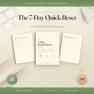 Op de afbeelding: Een printbaar werkboek getiteld The 7-Day Quick Reset, met een 7-daagse dopamine sprintgids. De set bevat drie pagina's met tekst, selectievakjes en prompts, uitgevoerd in een crème en groen kleurenschema met in totaal 30 pagina's.