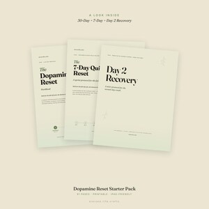 Op de afbeelding: Drie lichtbeige digitale documenten getiteld The Dopamine Reset Workbook, The 7-Day Quick Reset en Day 2 Recovery. De tekst is in het zwart gedrukt en heeft een strakke lay-out met kleine lijntekeningen en genummerde voortgangsindicatoren.