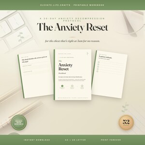 Puede incluir: Un libro de ejercicios imprimible titulado The Anxiety Reset, un protocolo de descompresión de 30 días. El conjunto incluye una portada y dos páginas interiores con avisos y listas, en verde y crema, con texto y una insignia de 52 páginas.