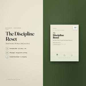 Op de afbeelding: Een digitaal document getiteld The Discipline Reset, met een 50-pagina tellende printbare PDF-indeling in off-white met zwarte tekst. Het ontwerp bevat de zin Hard mode. 30 days. Did you do it. en een voortgangstracker met drie cirkels.