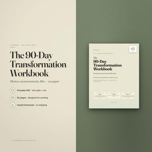 Könnte beinhalten: Ein 62-seitiges, druckbares Fitness-Arbeitsbuch mit dem Titel The 90-Day Transformation Workbook. Das Dokument hat einen cremefarbenen Hintergrund mit schwarzem Text, inklusive Abschnitten für Fotos, Maße und Lifts, erhältlich in US Letter und A4.