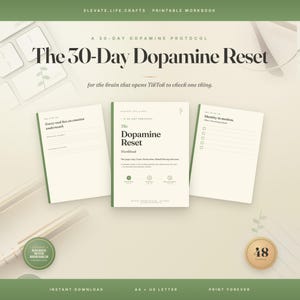 Op de afbeelding: Een printbaar werkboek getiteld The 30-Day Dopamine Reset, met drie open pagina's met tekst, checklists en prompts. Het ontwerp maakt gebruik van een crème en saliegroen kleurenpalet met schreefletters, inclusief een indicator voor 48 pagina's.