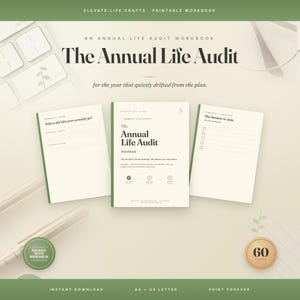 Op de afbeelding: Een printbaar werkboek getiteld The Annual Life Audit, met een centrale voorpagina en twee open binnenpagina's met prompts en checklists. Het ontwerp gebruikt een crème en groen kleurenpalet met schreefletters en een badge van 60 pagina's.