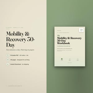 以下が含まれることがあります： 40ページの「Mobility & Recovery 30-Day Workbook」というタイトルのデジタルワークブック。表紙はクリーム色で黒い文字が書かれており、進捗タイムラインと「Elevated LifeCrafts」というテキストが含まれています。USレターおよびA4サイズの印刷可能なPDFです。