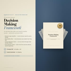 Op de afbeelding: Een digitaal werkboek getiteld Decision-Making Framework, met een crèmekleurige omslag en een gouden badge van 10 pagina's. De tekst bevat een besluitvormingsclassificatie, een omkeerbaarheidsfilter en een evaluatie na de beslissing.
