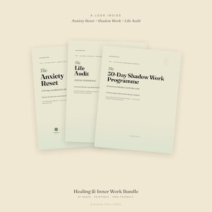 May include: Three cream-colored workbooks titled The Anxiety Reset, The Life Audit, and The 30-Day Shadow Work Programme. The covers feature black serif text, minimal line graphics, and small green accents. The bundle is labeled Healing & Inner Work Bundle.