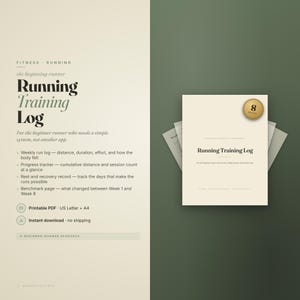 Op de afbeelding: Een beige hardlooptrainingslogboek met zwarte tekst getiteld Running Training Log. Het document bevat secties voor een wekelijks logboek, voortgangstracker, rust- en herstelregistratie en een benchmarkpagina. Het is een printbaar PDF-bestand.