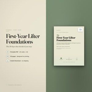 May include: A digital document titled First-Year Lifter Foundations with a 55-page count. The cream-colored cover features black text, a 30-day program description, and a progress timeline graphic. It is presented as a printable PDF for US Letter.