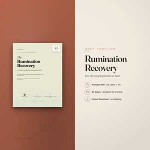 Op de afbeelding: Een digitaal werkboek van 45 pagina's getiteld The Rumination Recovery, met een lichtgroene omslag, zwarte tekst, een klein wit vakje met het getal 45 en een grafiek in drie stappen. De tekst bevat Anxiety, Thought Loops en For the looping brain at 2am.