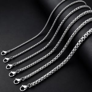 Corrente tipo caixa em aço inoxidável, 1,5–4 mm, prateada | Colar para mulheres e homens | Ideal para pingentes