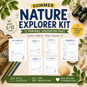Puede incluir: Un kit de explorador de la naturaleza de verano con 12 páginas de observación imprimibles para edades de 5 a 12 años. El kit incluye registros para descubrimientos, sitios de exploración, nubes y estrellas con texto azul oscuro.