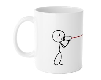 Stick Figure Tin Can Phone Heart Line Mug | Cute Conversation Illustration