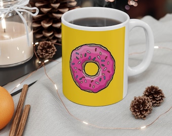 Homer Simpson Holding Pink Donut Mug | Yellow Cartoon Coffee Cup