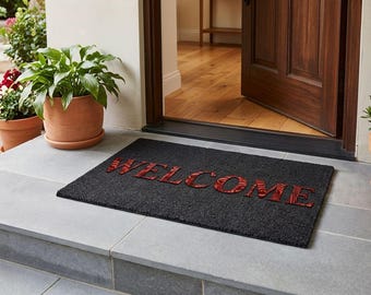 Red Floral 'WELCOME' Doormat | Polyester Welcome Mat, Entryway Rug