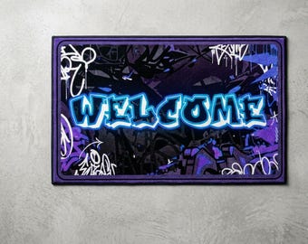 Purple Graffiti Welcome Polyester Doormat | Urban Street Art Entrance Mat
