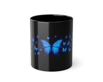 Blaue Schmetterlingsschwarm-Tasse | Schwarze Kaffeetasse
