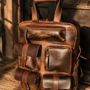 Handgemachte Distressed Braun Leder Rucksack: Rustikale Reise Laptop Tasche