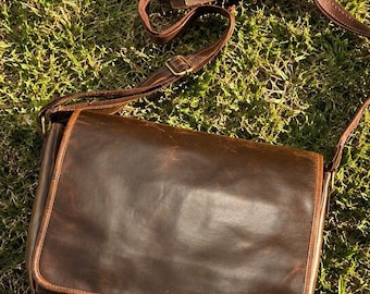 Handgefertigte Vintage Leder Umhängetasche, Rustikale Braune Aktentasche, Laptop Aktentasche, Reiseschultertasche