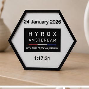 Op de afbeelding: Een zeshoekig wit bord met een zwarte rand met de tekst 24 January 2026, HYROX AMSTERDAM, een rode, witte en blauwe horizontale lijn, de tekst OPEN_DOUBLES_SEASON_2025/2026 en de numerieke tijd 1:17:31 in zwarte verhoogde letters.