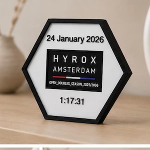 Op de afbeelding: Een zeshoekig zwart-wit displaybord met de tekst 24 January 2026, HYROX AMSTERDAM, een horizontale rood-wit-blauwe lijn, de tekst OPEN_DOUBLES_SEASON_2025/2026 en de numerieke tijd 1:17:31 in verhoogde zwarte letters.
