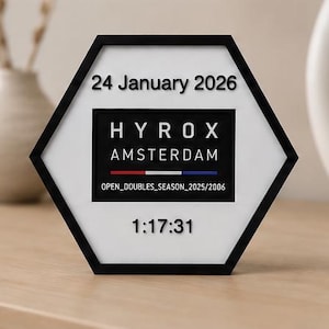 Puede incluir: Un expositor hexagonal con marco negro y fondo blanco que muestra el texto 24 January 2026 en la parte superior y 1:17:31 en la inferior. Un rectángulo negro central muestra HYROX AMSTERDAM, una línea roja, blanca y azul, y OPEN_DOUBLES_SEASON_2025/2006.