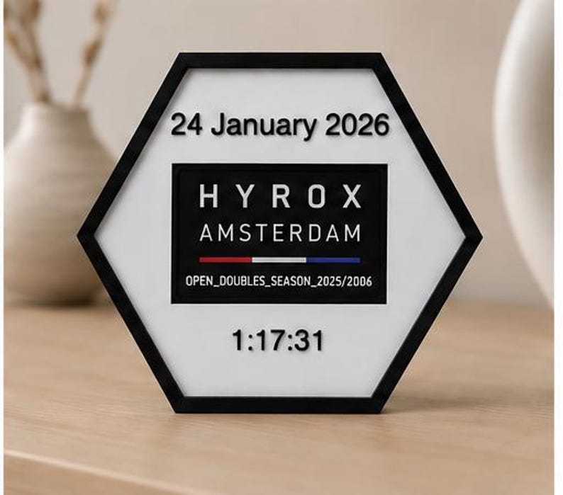 Op de afbeelding: Een zeshoekig display met een zwarte lijst en een witte achtergrond, met de tekst 24 January 2026 bovenaan en 1:17:31 onderaan. Een centrale zwarte rechthoek toont HYROX AMSTERDAM, een rode, witte en blauwe lijn en OPEN_DOUBLES_SEASON_2025/2006.