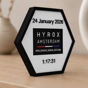 Op de afbeelding: Een zeshoekig zwart-wit displaybord met de tekst 24 January 2026, HYROX AMSTERDAM, een horizontale rode, witte en blauwe lijn, de tekst OPEN_DOUBLES_SEASON_2025/2026 en de numerieke tijd 1:17:31 in verhoogde zwarte letters.