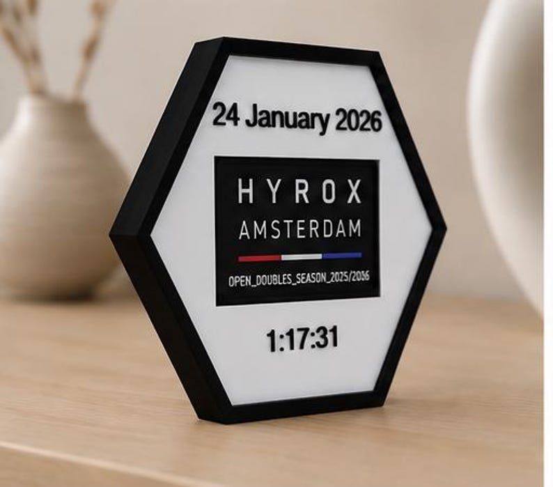Op de afbeelding: Een zeshoekig zwart-wit displaybord met de tekst 24 January 2026, HYROX AMSTERDAM, een horizontale rode, witte en blauwe lijn, de tekst OPEN_DOUBLES_SEASON_2025/2026 en de numerieke tijd 1:17:31 in verhoogde zwarte letters.