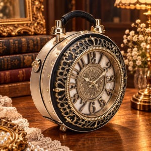 May include: A round, gold-toned handbag shaped like an alarm clock, featuring a black border with ornate filigree detailing, a top handle, and a clock face with gold numerals and hands. The bag has metallic accents and a structured circular frame.