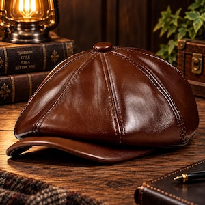 Puede incluir: Una gorra de estilo boina en cuero marrón con una construcción de ocho paneles, costuras visibles y un botón central en la parte superior. La gorra cuenta con una visera curva y un acabado liso y pulido que resalta la textura del cuero.