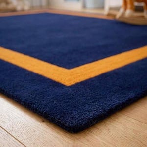 Navy Blue Gold Border Tufted Rug | Handmade Geometric Area Carpet