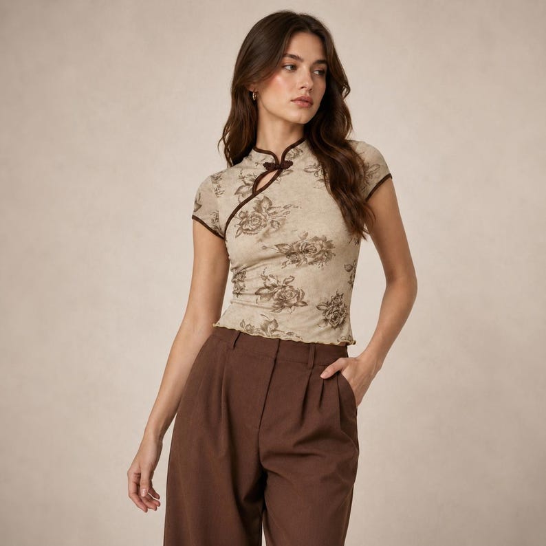 Blommig, mandarinfärgad crop top, vintageinspirerad blus, nyckelhålsringning med kort ärm bild 9