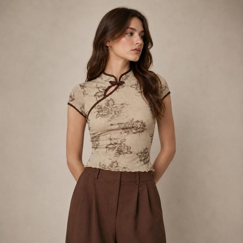 Blommig, mandarinfärgad crop top, vintageinspirerad blus, nyckelhålsringning med kort ärm bild 6