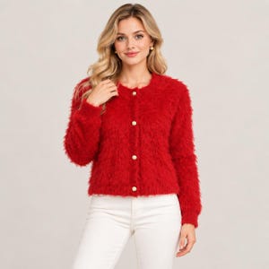 Puede incluir: Un cárdigan rojo brillante de manga larga con textura peluda, cuello redondo y cuatro botones dorados en la parte delantera. El suéter está confeccionado en un tejido suave y velloso, combinado con pantalones blancos lisos.