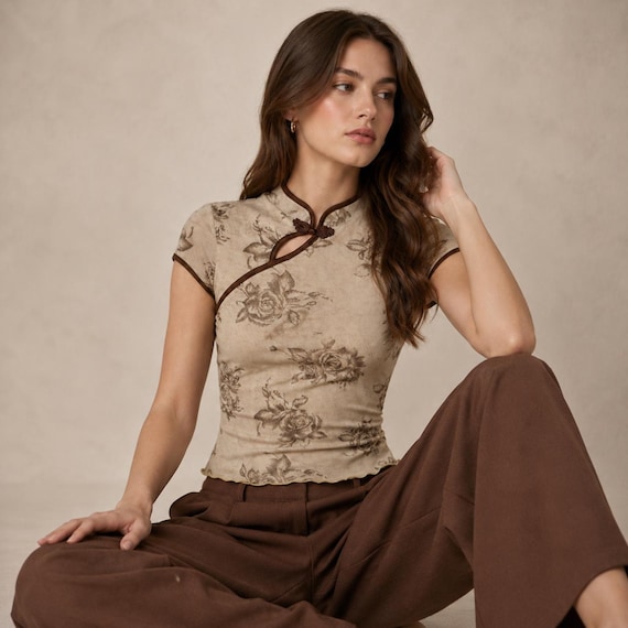 Floral Mandarin Collar Crop Top, Vintage Inspired Blouse, Keyhole Neck Short Sleeve